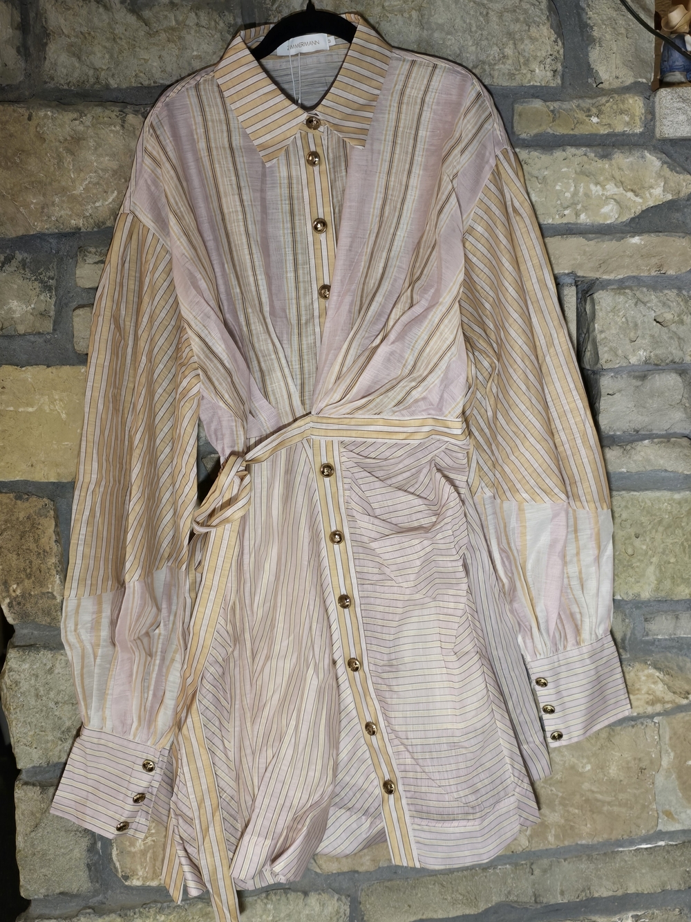 Zimmermann Striped Button-Down Shirt Dress in Pink & Tan with Gold Buttons